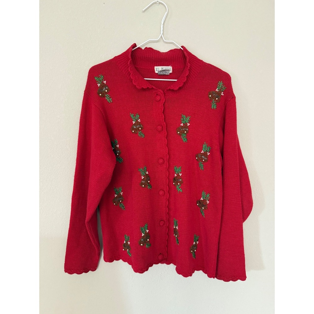 VJ Petites Cardigan Sweater Womens PM Red Christmas Bell Embroidered Beaded Mock